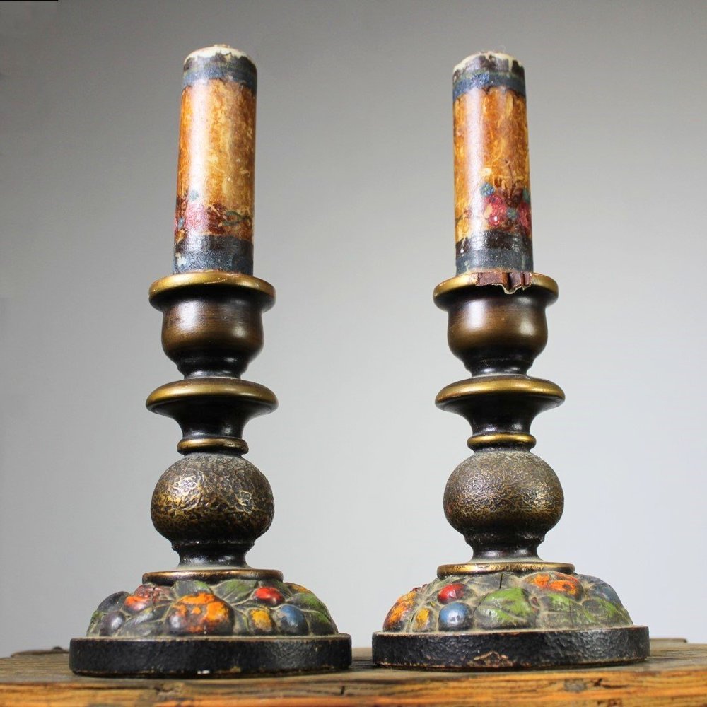 Antique German Gothic candlesticks original wax candles 