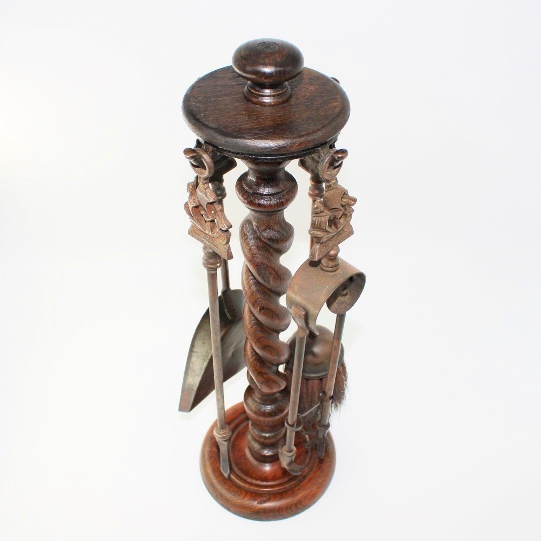 Antique barley twist fireplace companion set four tools