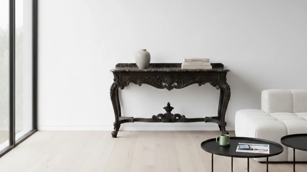 Modern interior styled with antique furniture, showing how younger buyers integrate antiques into contemporary homes.