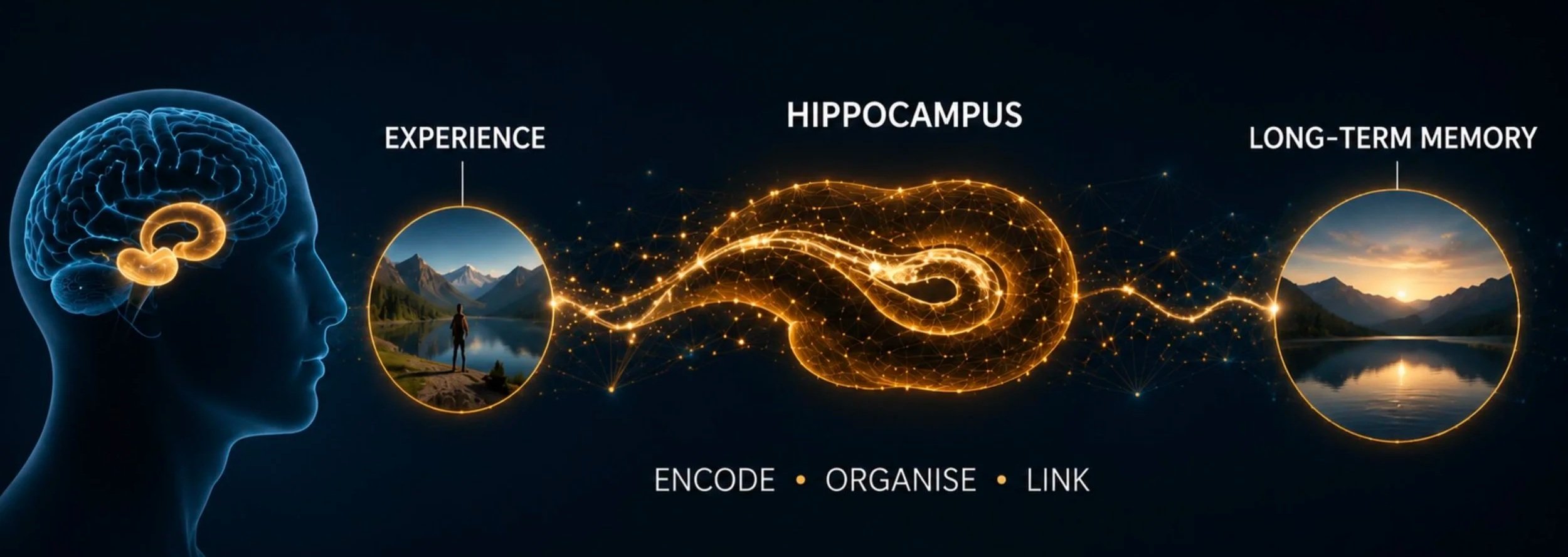 Diagram of explanation of experience to long term memory through the hippocampus.