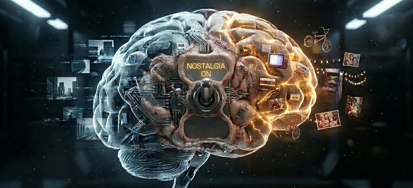 A holographic brain with a 'Nostalgia On' switch embedded in it.