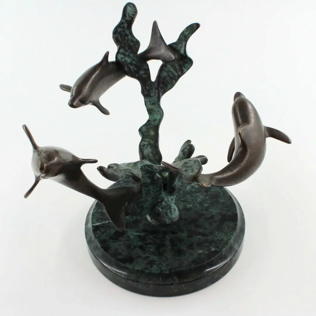 Vintage Bronze Dolphin Sculpture on Green Marble Base