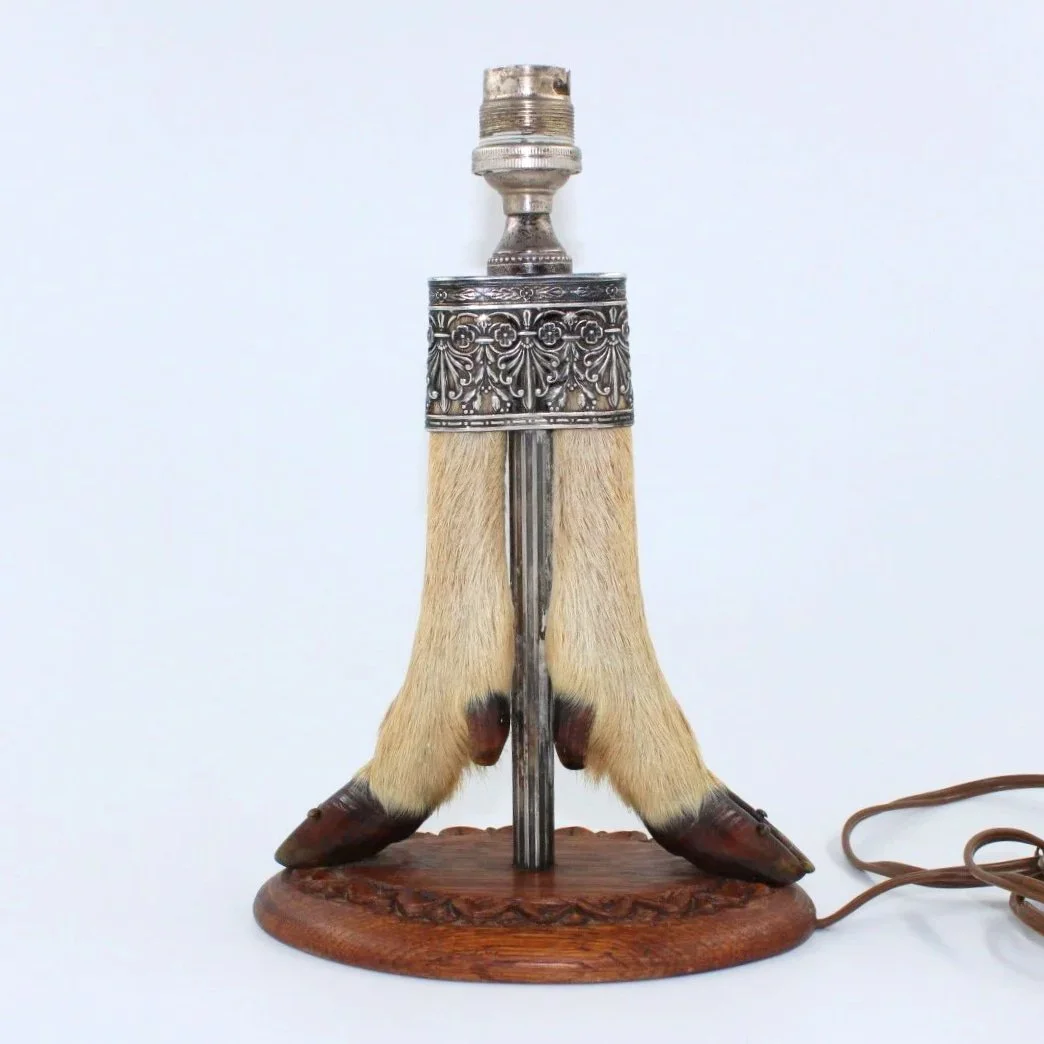 Late Victorian or Edwardian two hoof taxidermy table lamp