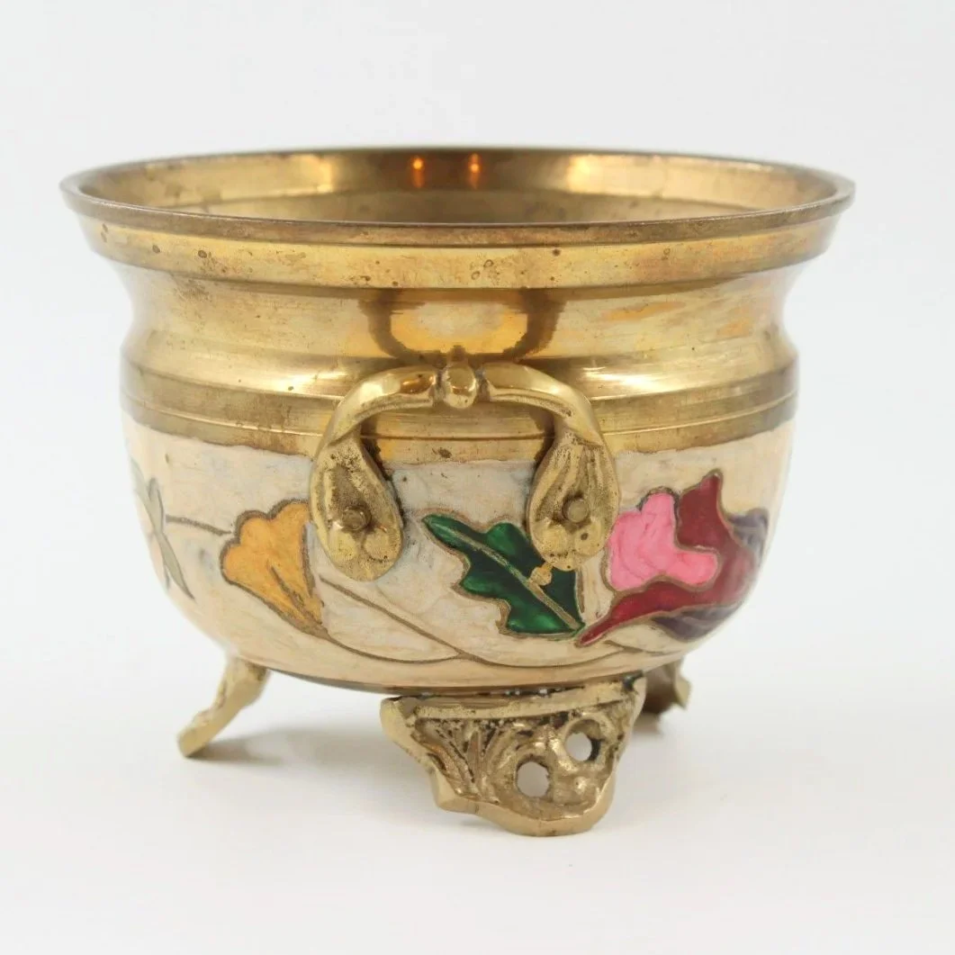 Art Nouveau Inspired Brass Planter with Enamel Flowers - Chic Vintage Accent