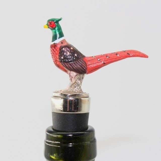 Hand painted pewter pheasant bottle stopper chrome insert