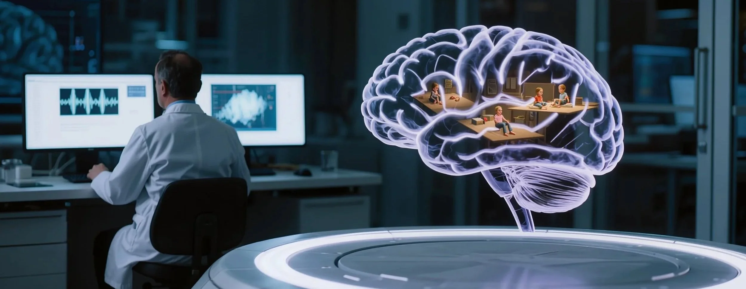 A holographic brain on an imaging device in a futuristic laboratory.