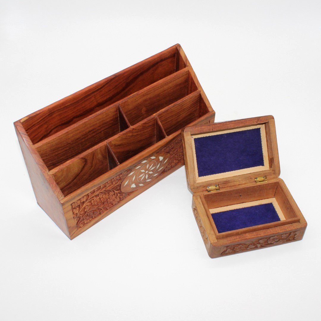 Vintage inlaid Indian letter stand and jewellery box