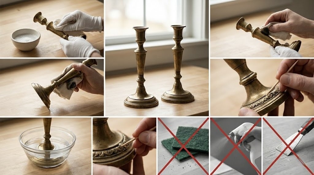 Infographic showing how to clean brass candlesticks and the methods to avoid.