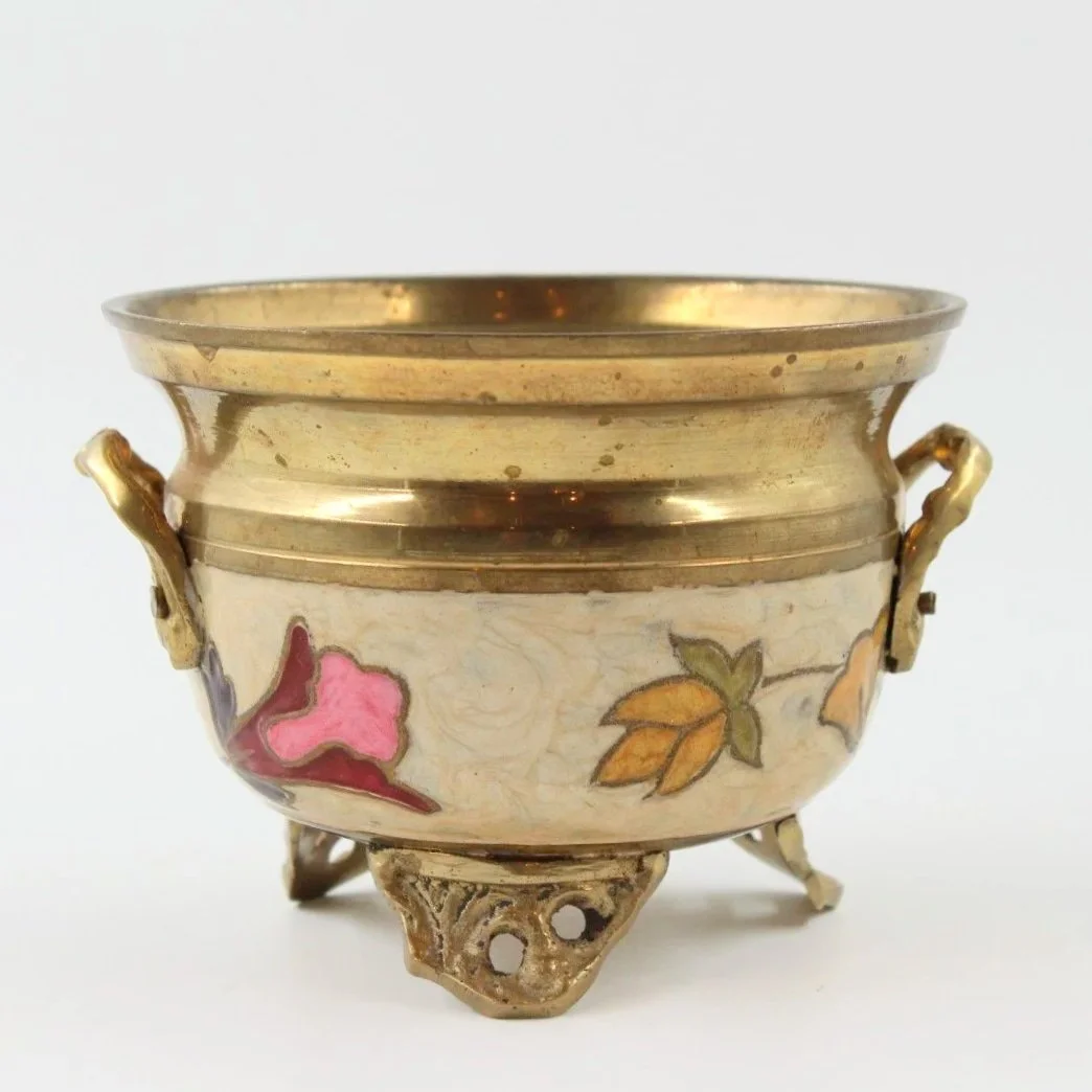 Art Nouveau Inspired Brass Planter with Enamel Flowers - Chic Vintage Accent