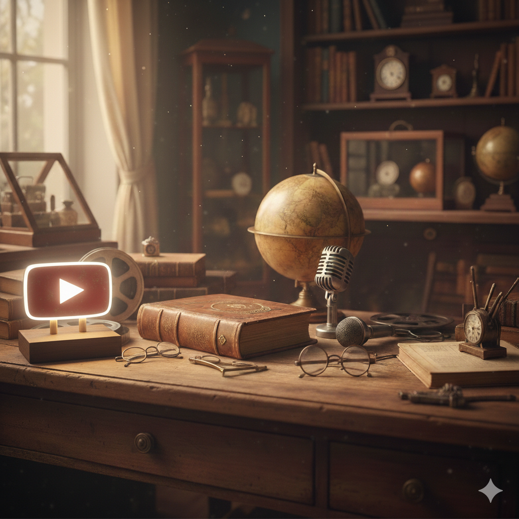 A collection of antiques and vintage items displayed on a desk.