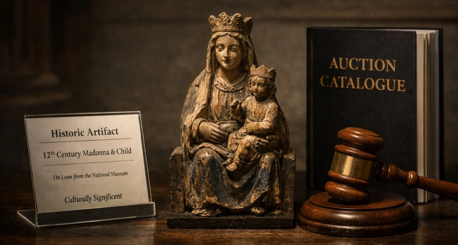 Historic antique object positioned between a museum display label and an auction hammer, illustrating the ethical and cultural debate over selling and exporting heritage artefacts.