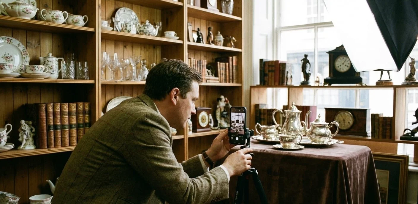 Antiques dealer photographing a vintage object for online sale, illustrating the digital transformation of the antiques market.