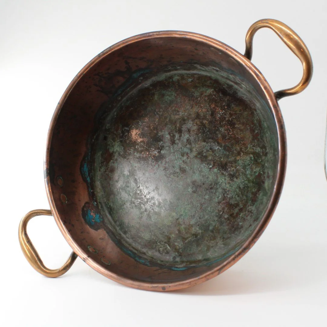 Antique copper jam pan saucepan fruit bowl kindling basket