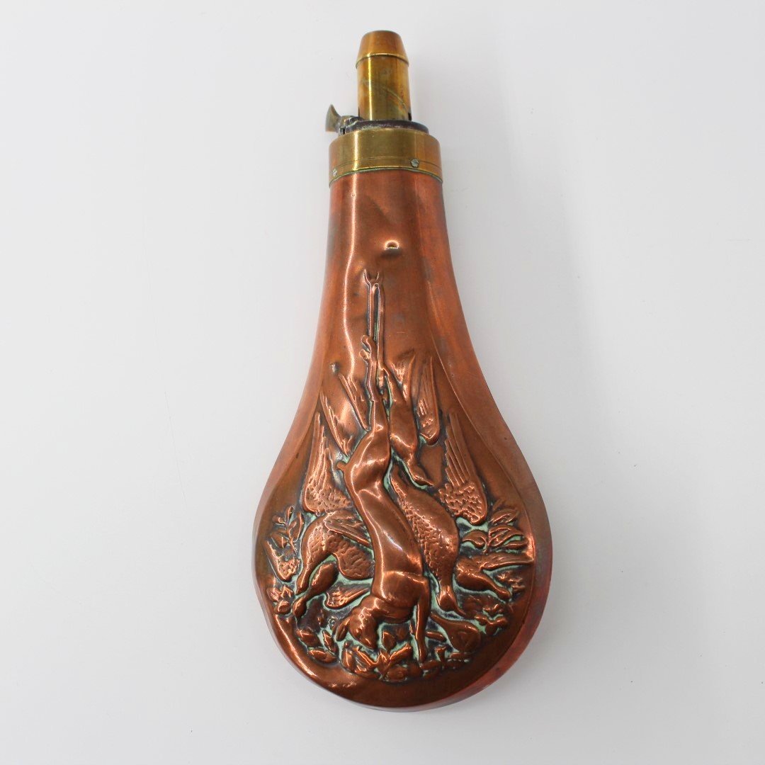 19th Century copper and brass gunpowder flask
