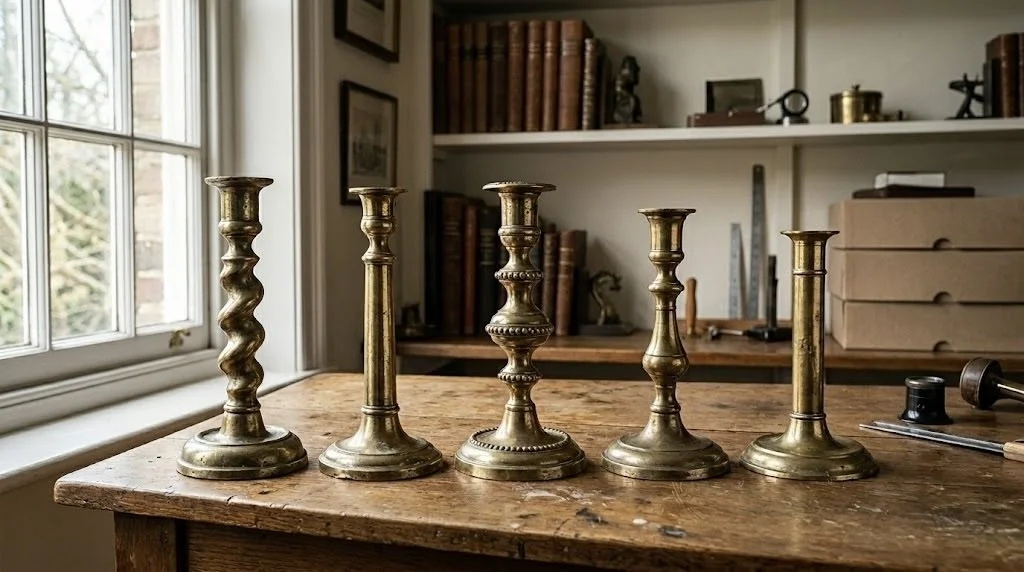 Antique brass candlesticks displayed on a wooden surface with subtle visual labels highlighting materials, construction, design features, and age indicators used to assess authenticity and value.