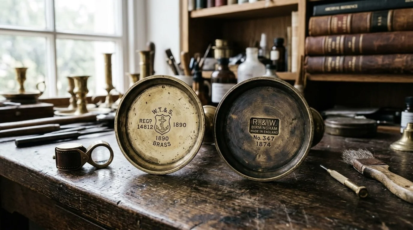 Close-up view of a brass candlestick base being carefully inspected for faint maker’s marks, with antique appraisal tools in the background.
