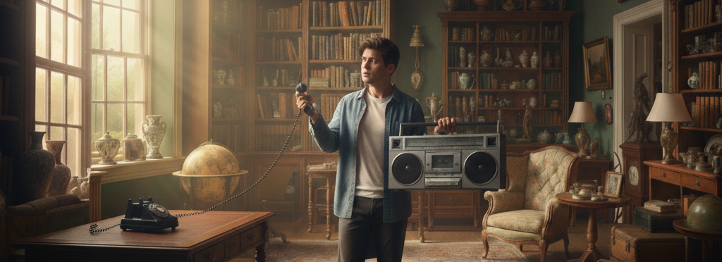 A young man holds an antique telephone and a boom box.