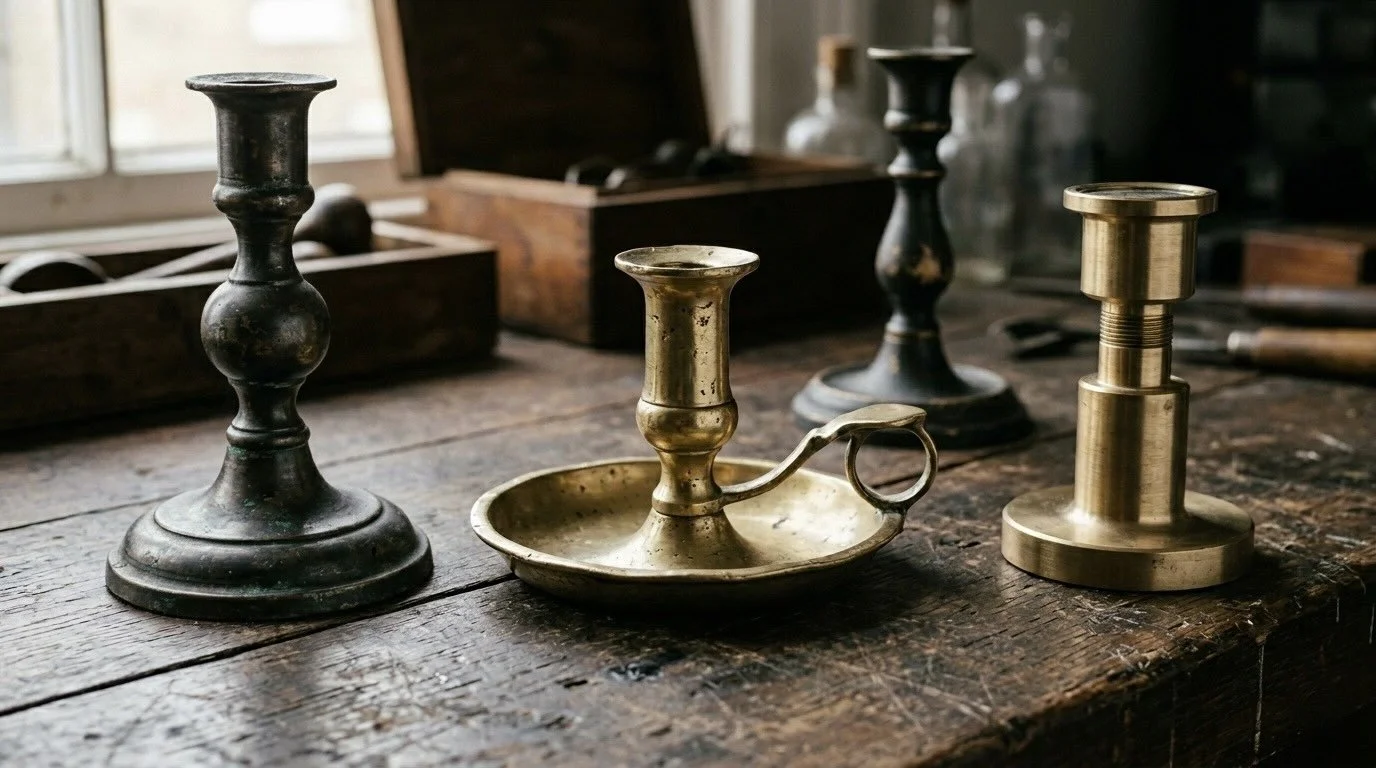 Four vintage metal candlesticks, brass and black, sit on a rustic wooden table near a window with wooden boxes in the background.