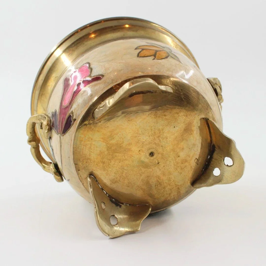 Art Nouveau Inspired Brass Planter with Enamel Flowers - Chic Vintage Accent