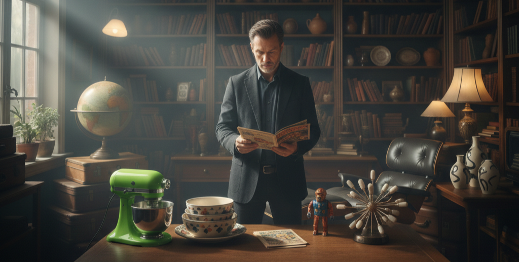 An antiques dealer examines retro and collectible items.