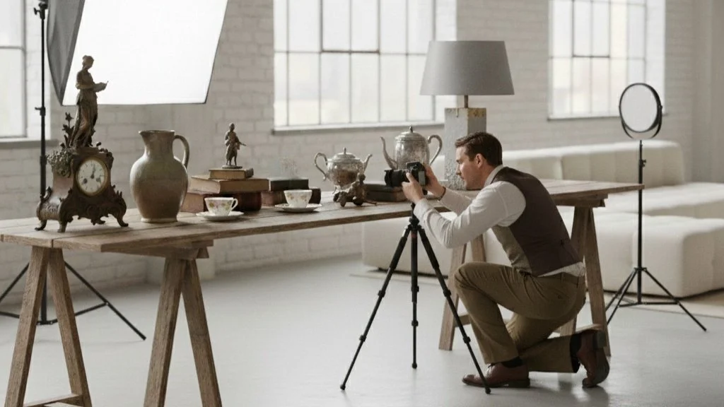 Antiques dealer examining antique details and photographing provenance, demonstrating the importance of authenticity in online antiques selling.