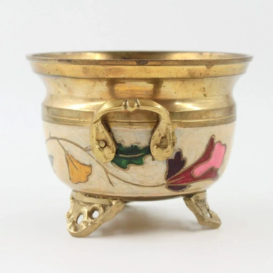 Art Nouveau Inspired Brass Planter with Enamel Flowers - Chic Vintage Accent