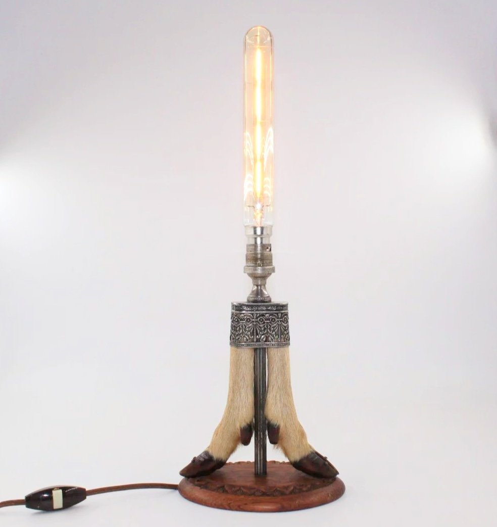 Late Victorian or Edwardian two hoof taxidermy table lamp