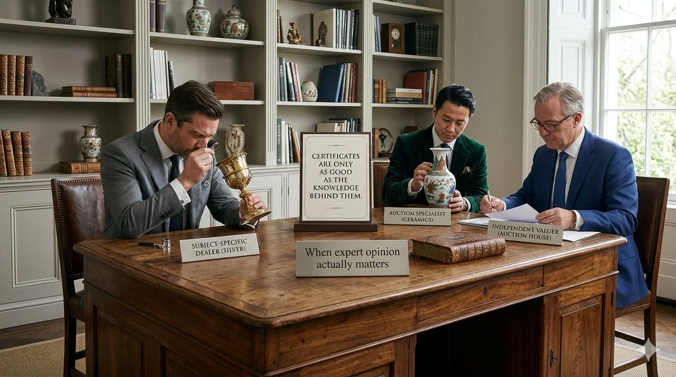 Experts sat at a table analysing antiques.