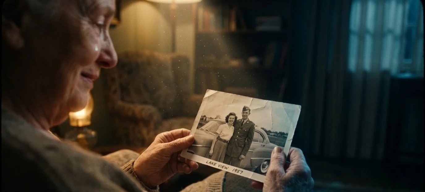 An elderly lady is looking at an old photo of her stood with her husband.