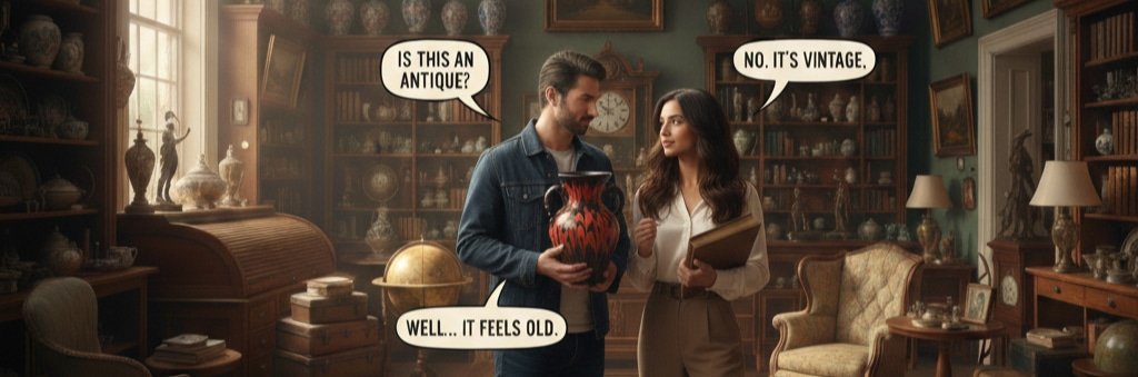 A man asks an antiques dealer if his West German vase is antique