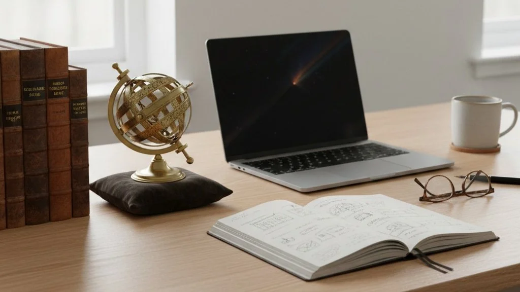 Curated antiques workspace with laptop and reference books, representing professional antiques dealing as a modern career.