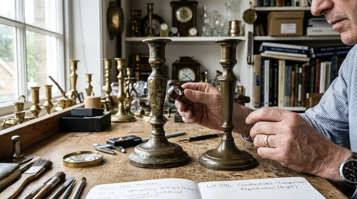 Antique brass candlesticks displayed on a wooden surface with subtle visual labels highlighting materials, construction, design features, and age indicators used to assess authenticity and value.