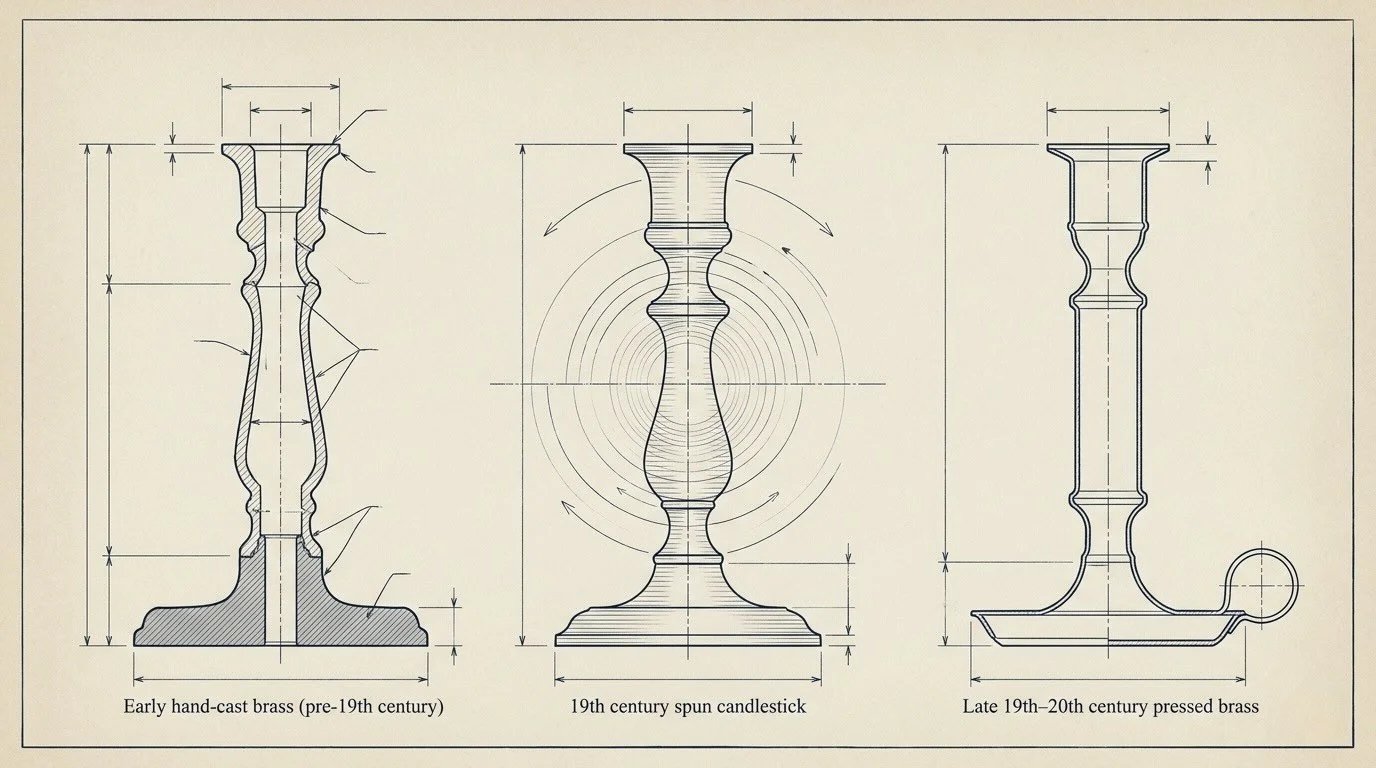 Technical drawing showing construction of a hand cast, spun and pressed brass candlestick.