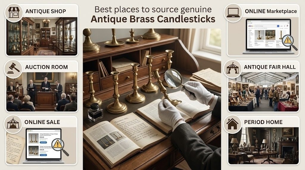 Educational infographic showing where to source genuine antique brass candlesticks, featuring a central appraisal desk scene surrounded by panels for antique shops, auction houses, online marketplaces, antique fairs, and estate sales.