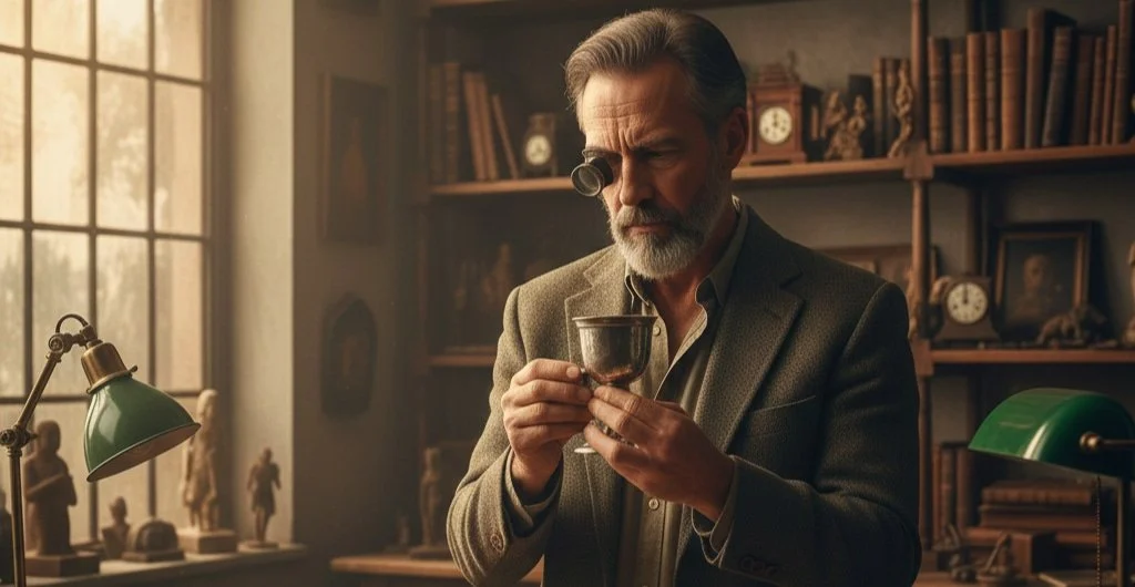 An antiques dealer holding a historic artefact, representing ethical responsibility and custodianship within the antiques and vintage trade.