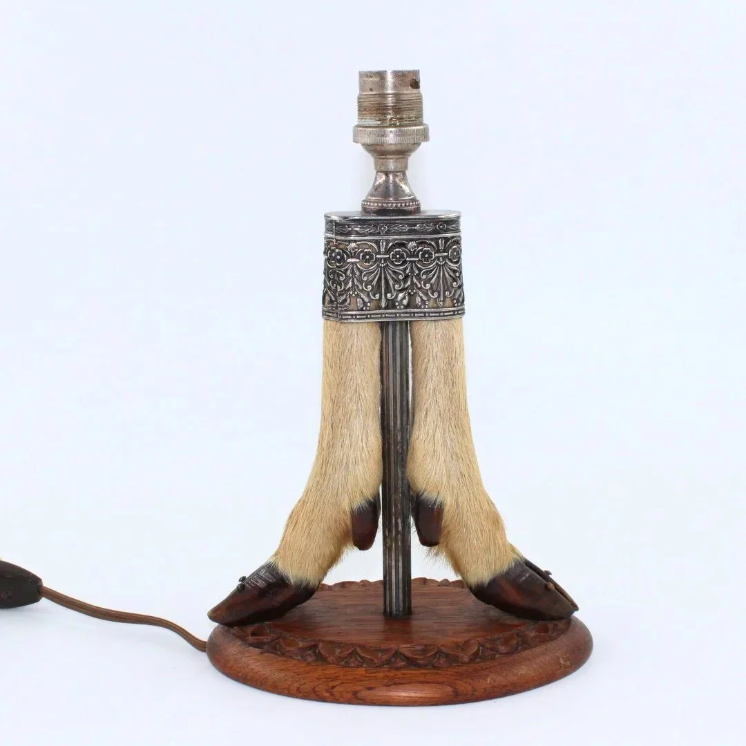 Late Victorian or Edwardian two hoof taxidermy table lamp