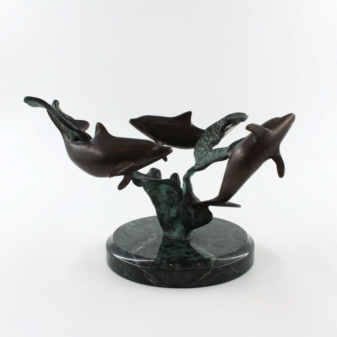 Vintage Bronze Patinated Dolphin Sculpture on Green Marble Base