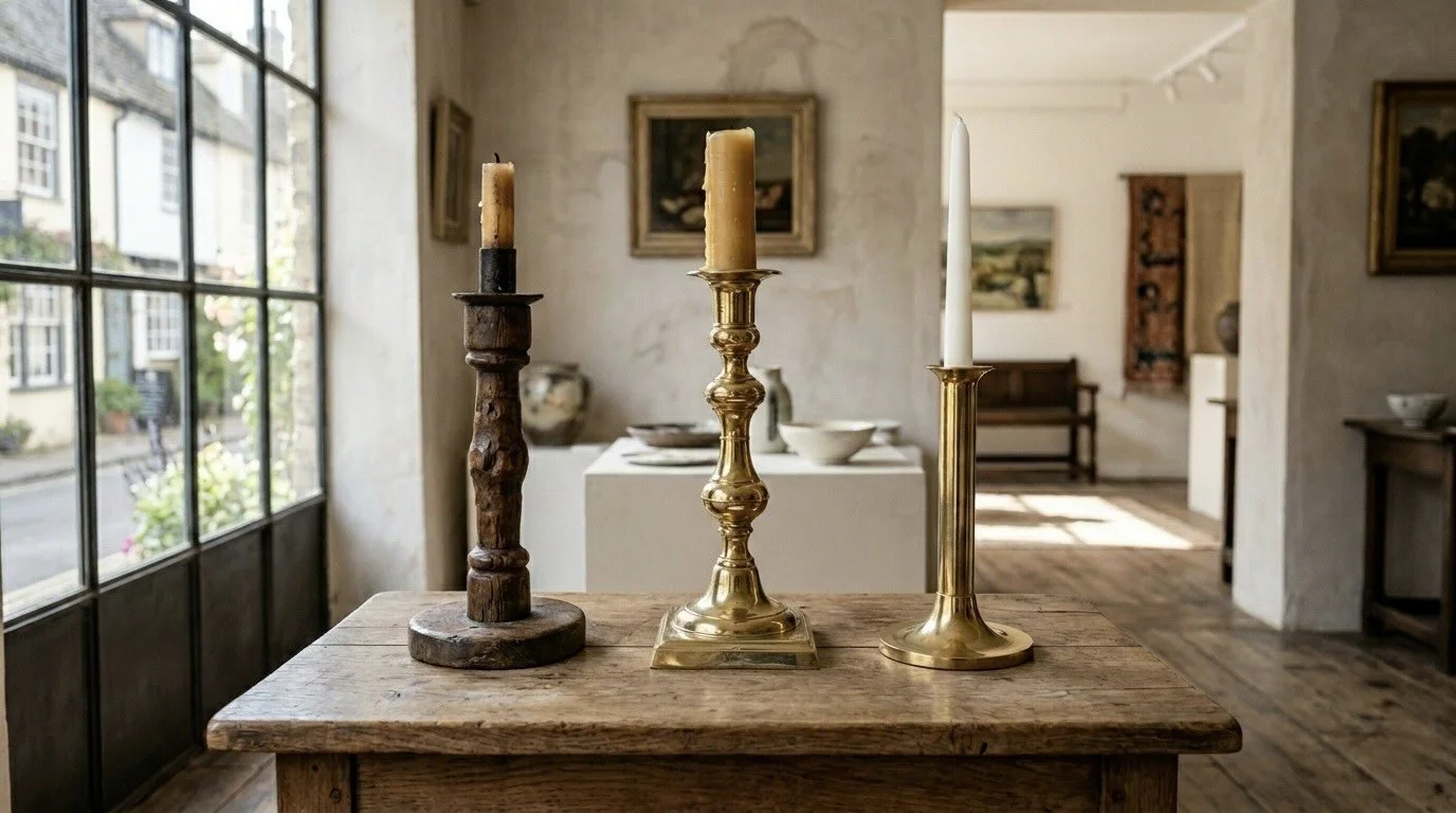 Examples of Medieval wooden, Georgian and 20th century brass candlesticks