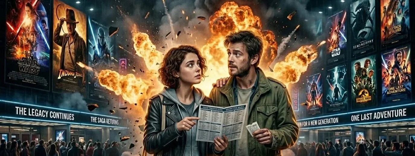 A couple stood outside a cinema looking at the billboard.