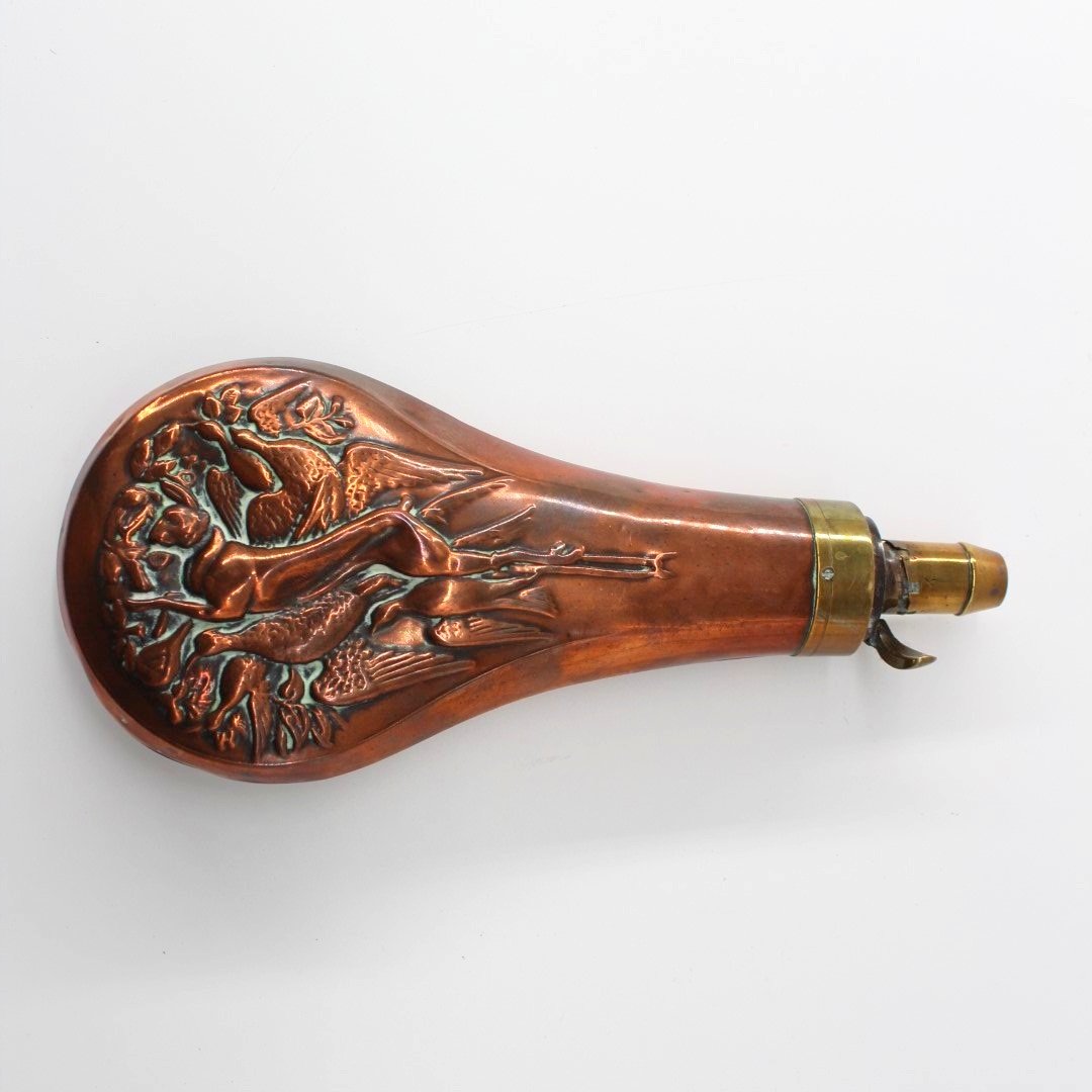19th Century copper and brass gunpowder flask