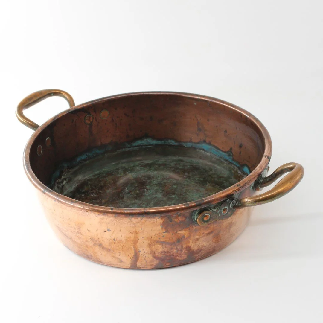 Antique copper jam pan saucepan fruit bowl kindling basket