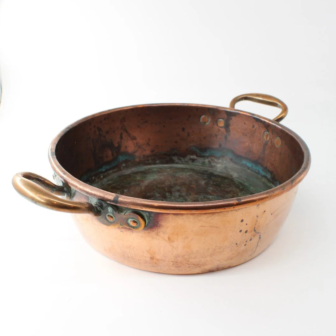 Antique copper jam pan saucepan fruit bowl kindling basket