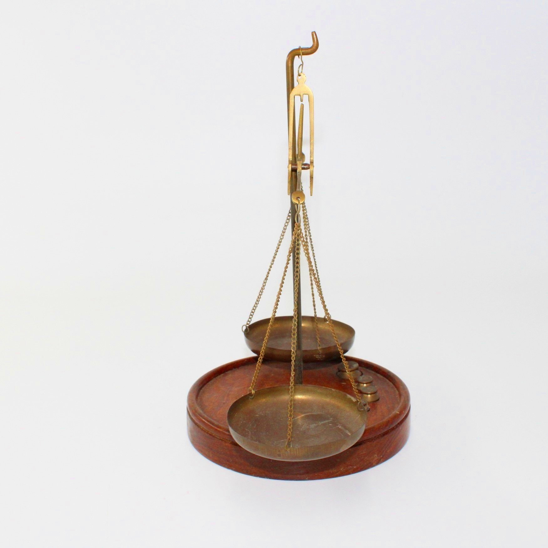 Jewellers apothecary scales with set of 7 solid brass weights