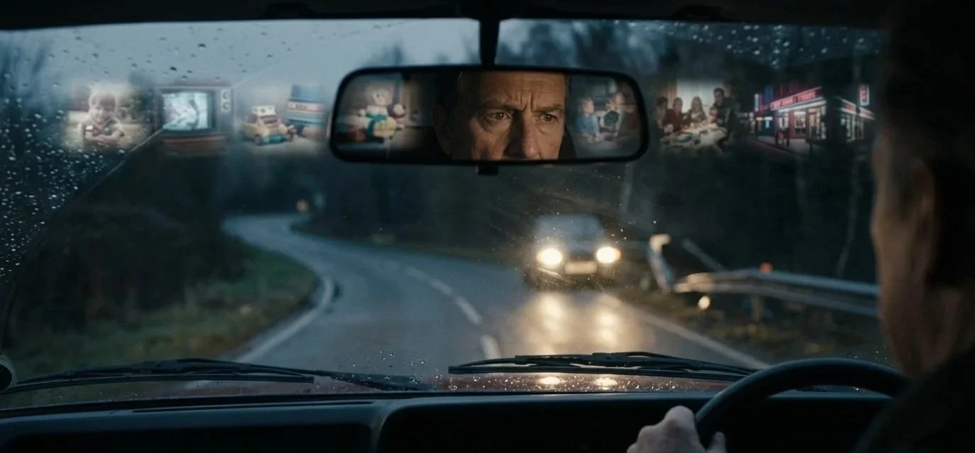 A man driving and looking in the rear view mirror while memories fill his mind.