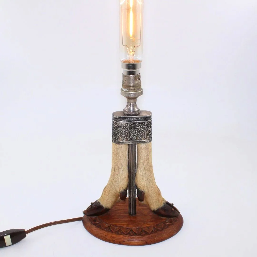 Late Victorian or Edwardian two hoof taxidermy table lamp