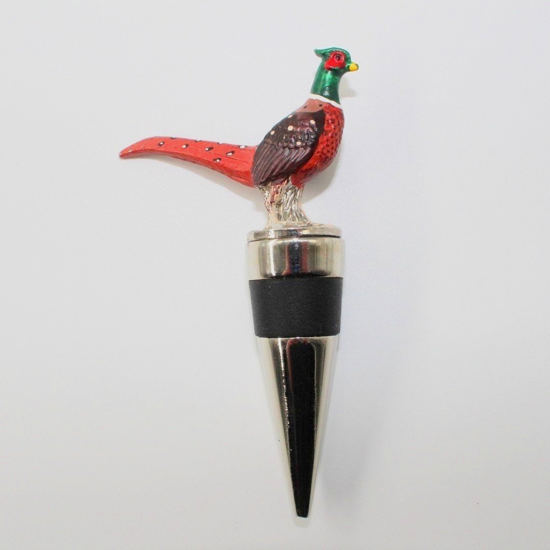 Hand painted pewter pheasant bottle stopper chrome insert