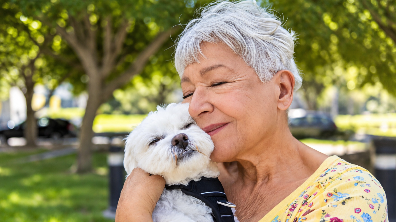 Older woman enjoying time outdoors with her small dog