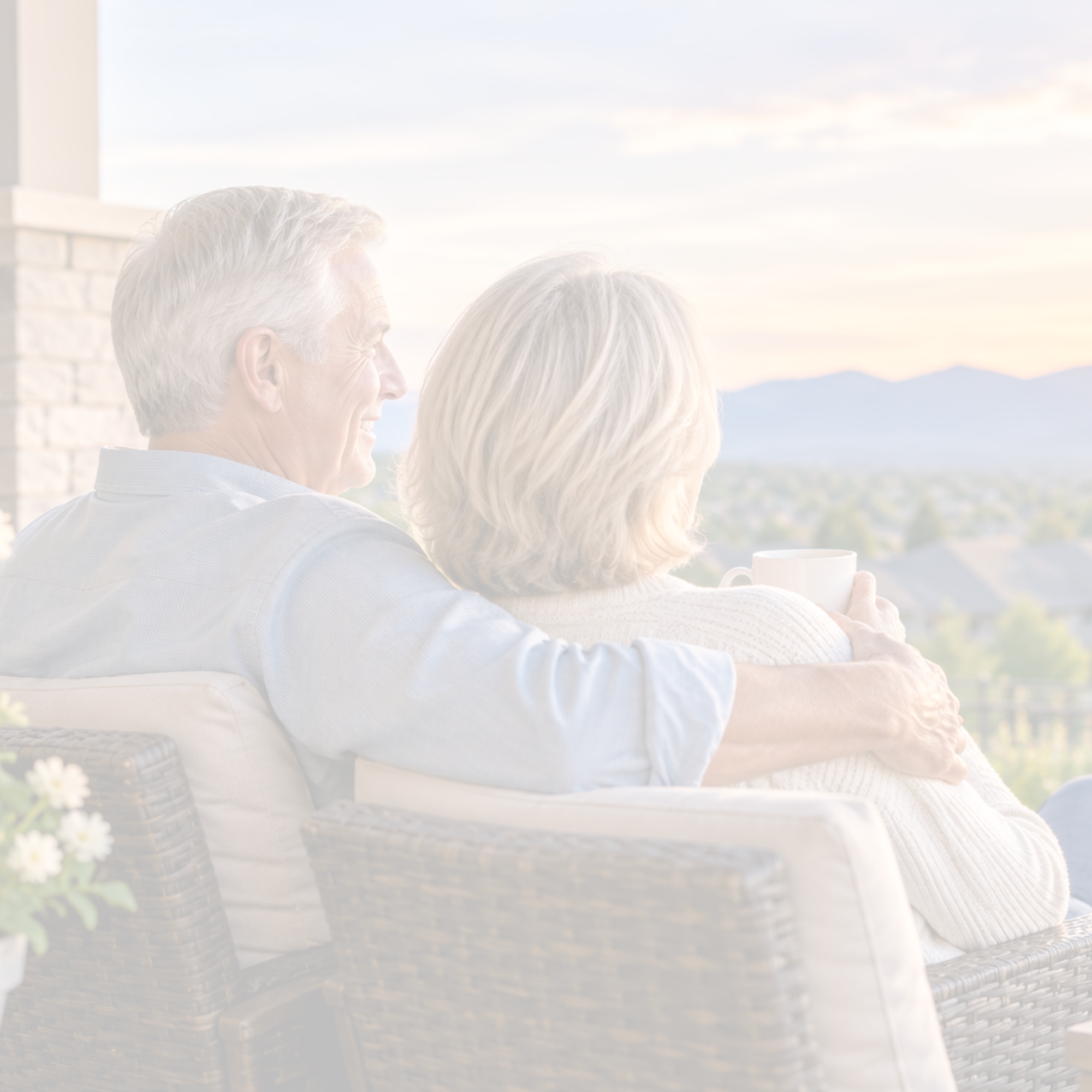 Older couple relaxing together at home while enjoying a mountain view