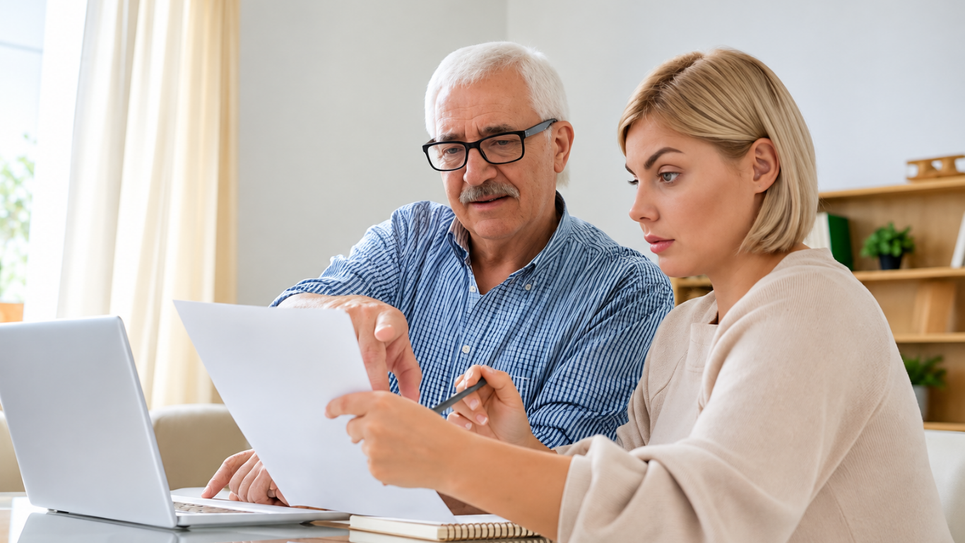 Older man and woman reviewing documents together at home