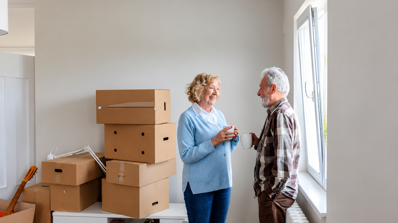 Older couple discussing a move while surrounded by moving boxes